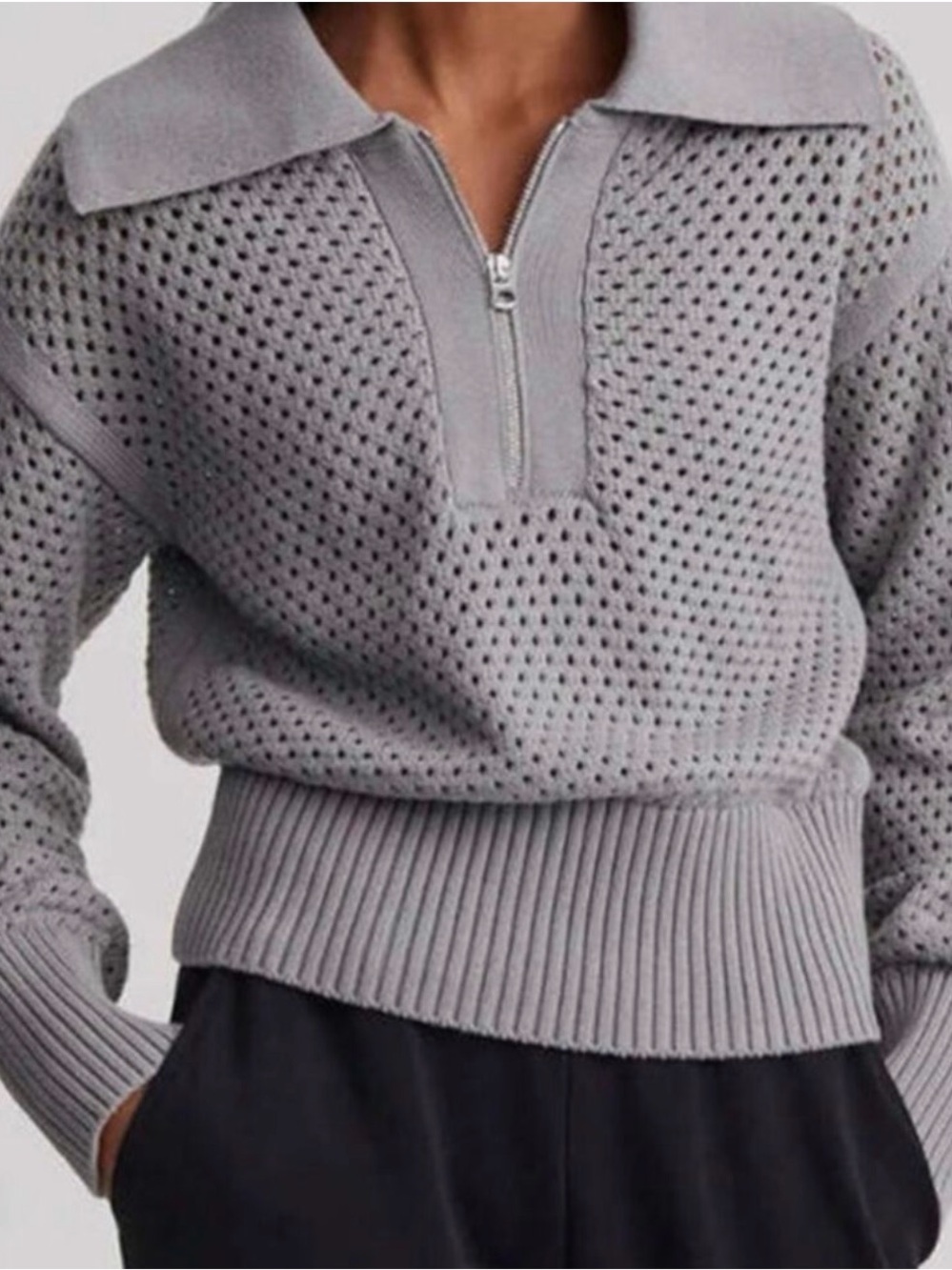 Varley Lily Light Gray Zip-Front Knit Sweater
